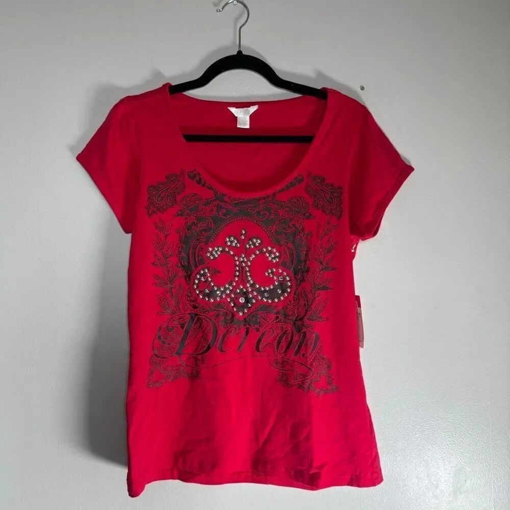 NWT Y2K Dereon Red Rhinestone Logo Tee McBling Gothic Mall Girl Top Shirt